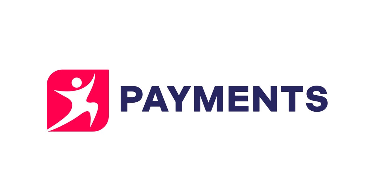 Logo with a red square featuring a white, stylized figure in motion on the left. The word "PAYMENTS" is in bold, dark blue text to the right of the square. The background is white.